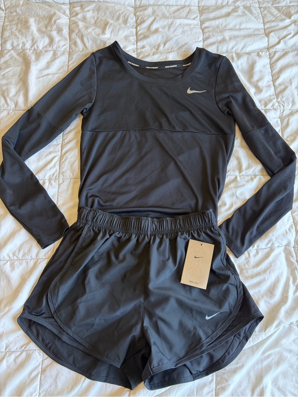 Nike Black Long-Sleeve Athletic Top with Black Running Shorts